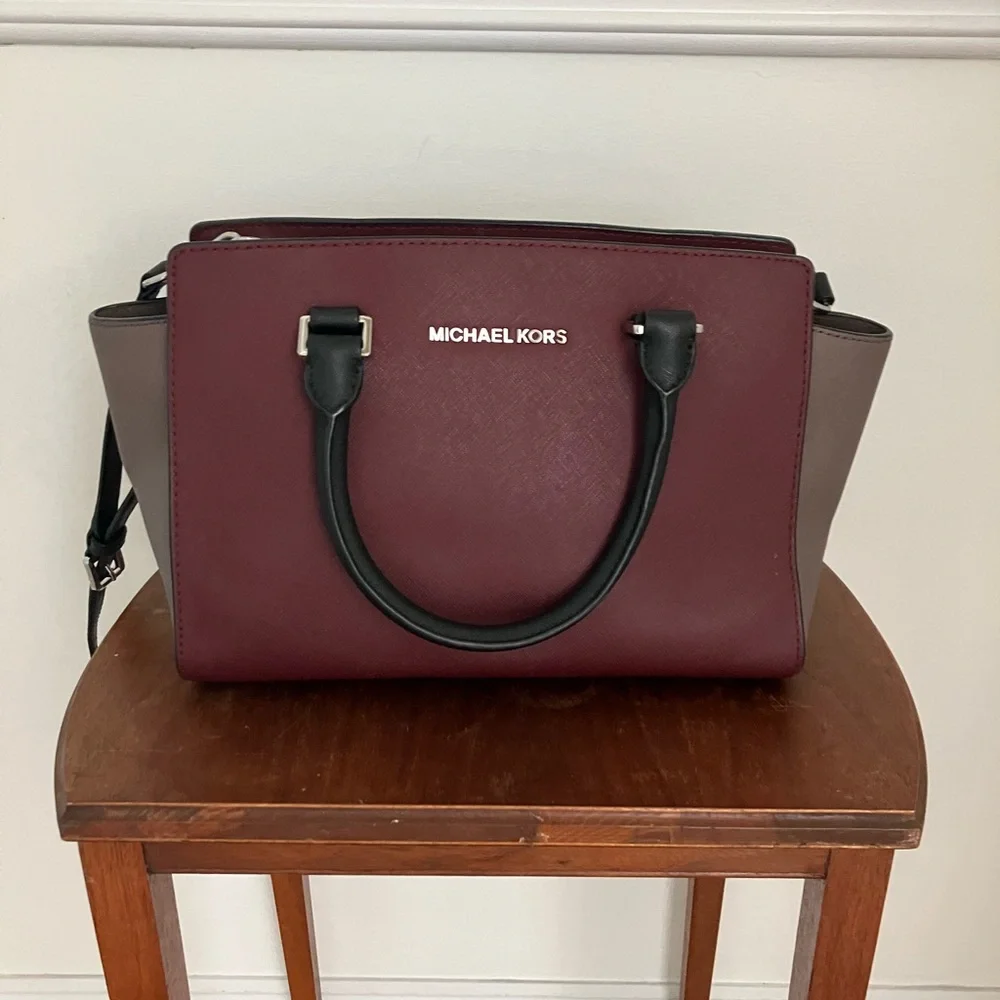 Michael Kors Two-Tone Burgundy and Taupe Satchel with Black Handles